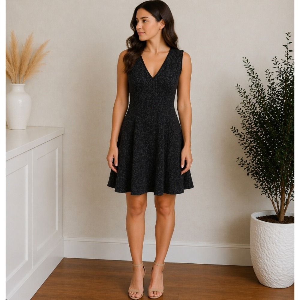 Rebecca Taylor Fit & Flare Dress 10 Black Blue Floral Jacquard Sleeveless Party‎